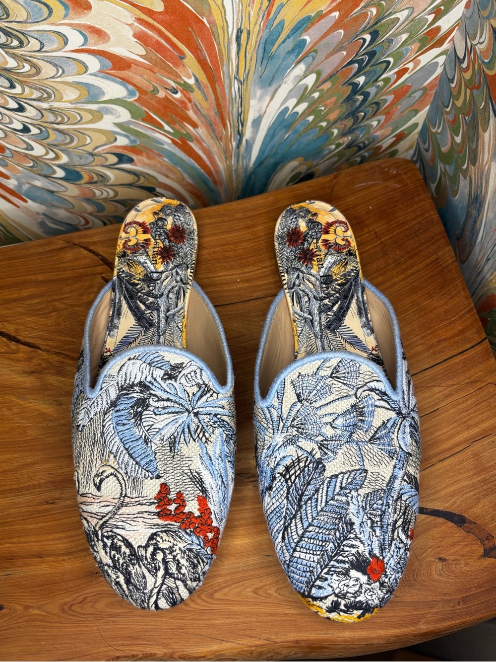 Dior Blue & Cream Embroidered Slip-On Mules with Red Floral Tropical Detail